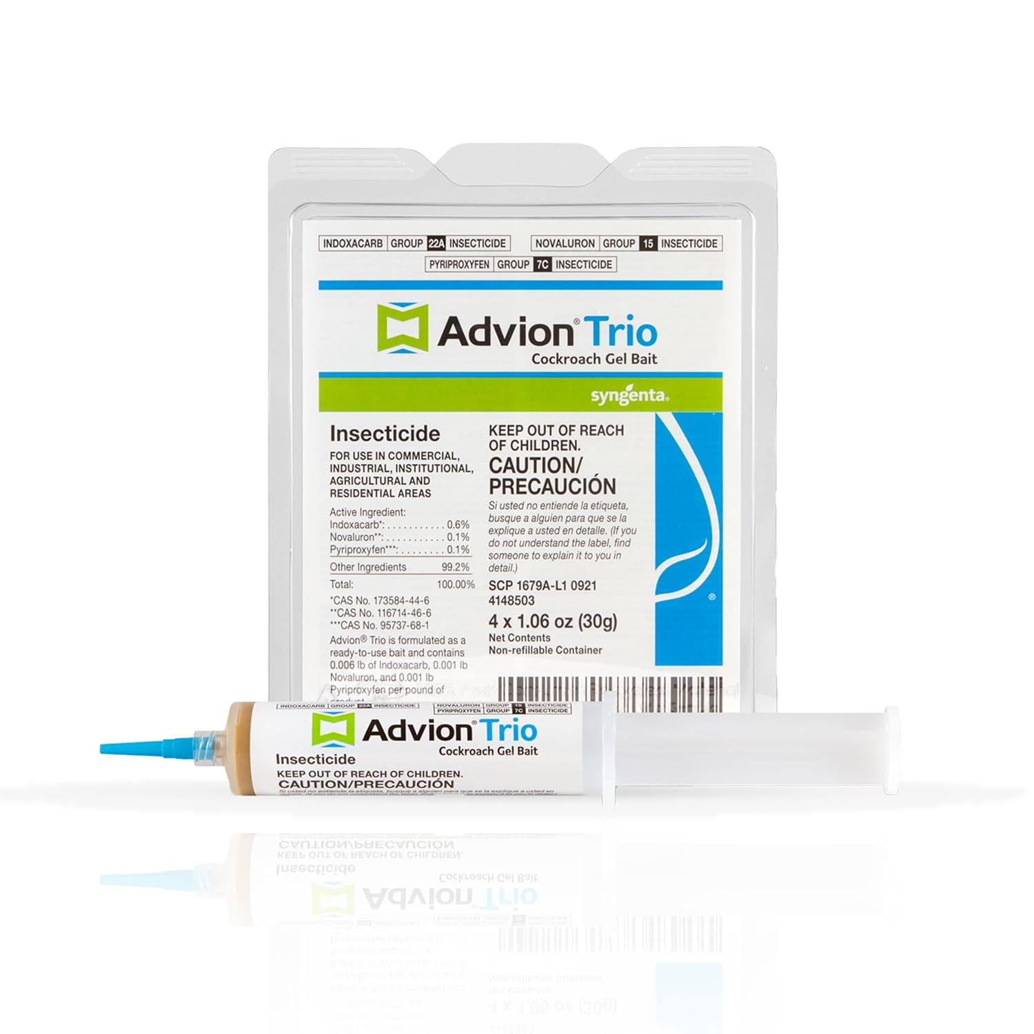 Advion Trio cockroach gel bait syringe beside its carton