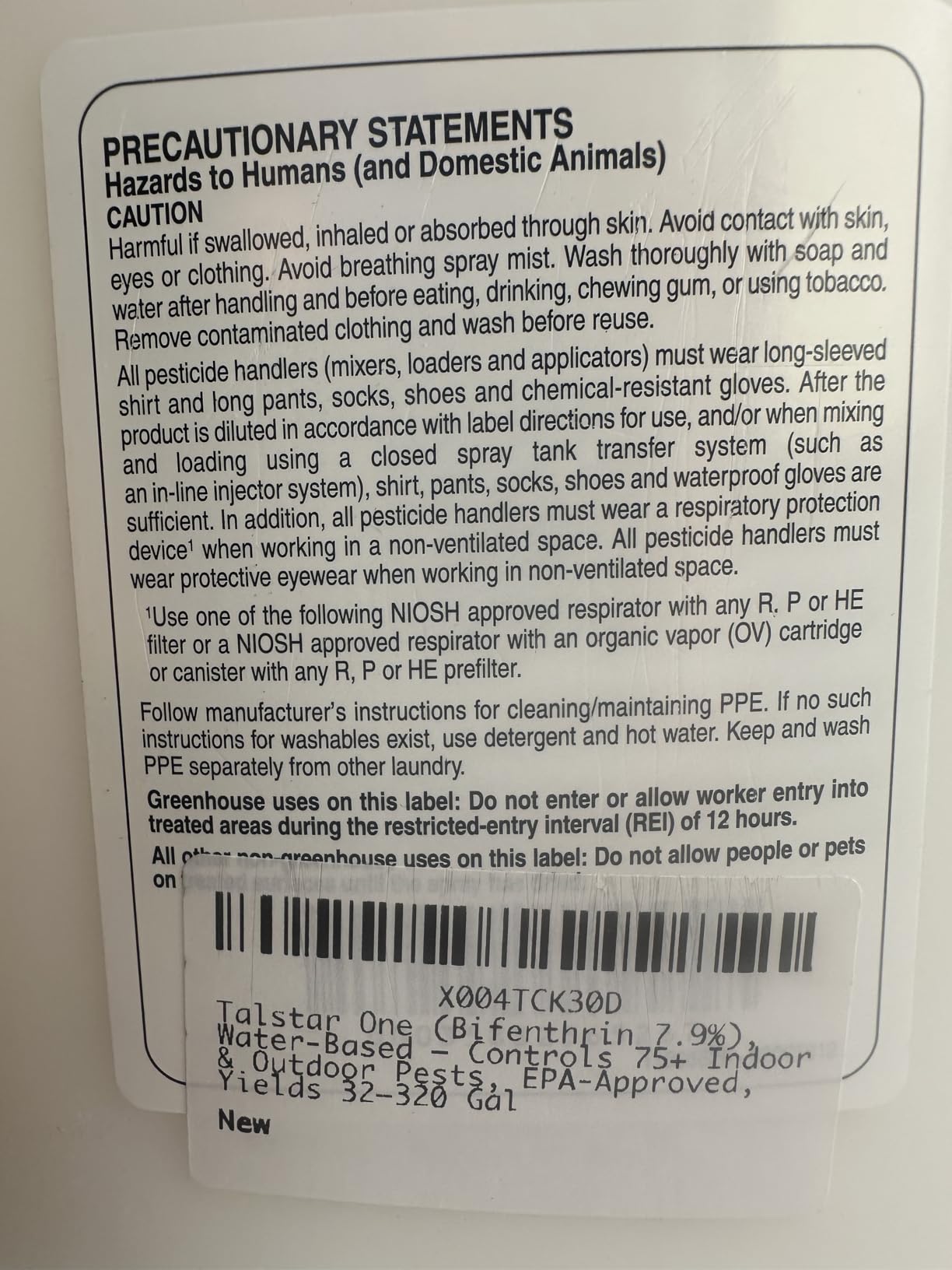 Precautionary statements panel on the Talstar One jug
